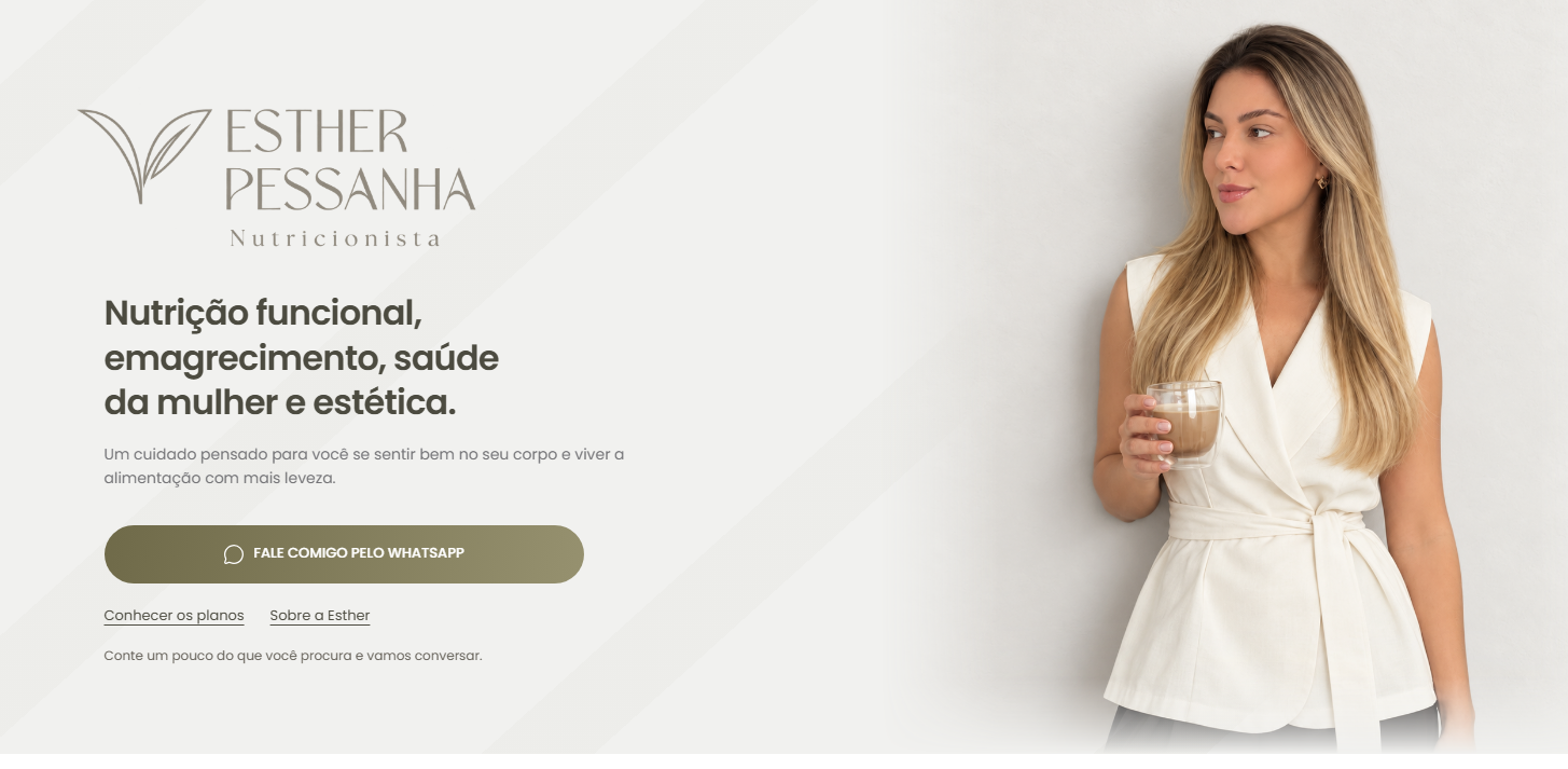 Site da nutricionista Esther Pessanha, com apresentação dos serviços e contato pelo WhatsApp