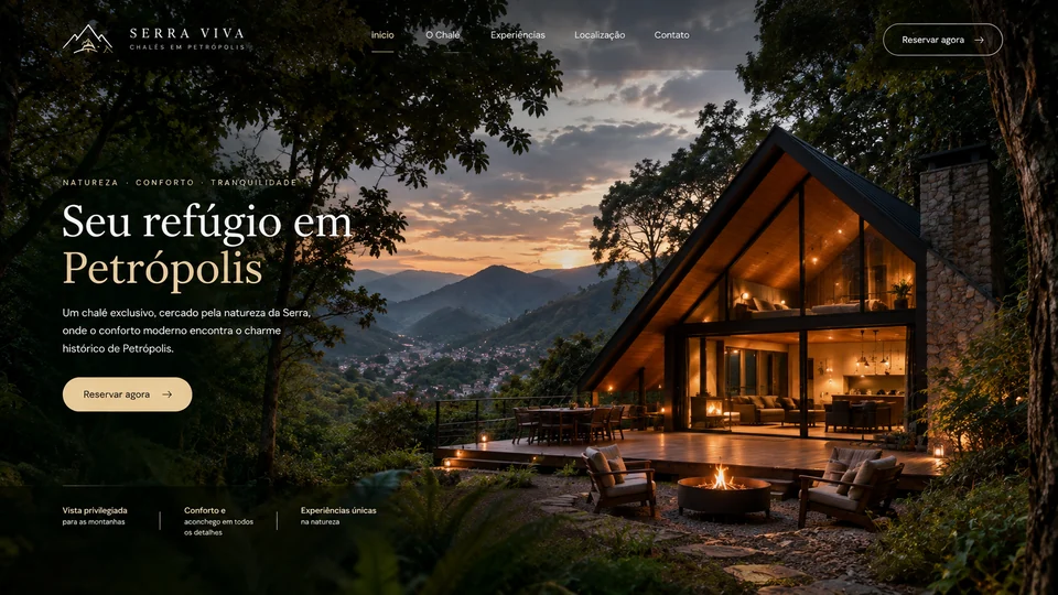 Site Chalé Serra Viva, com vista do chalé em Petrópolis ao pôr do sol
